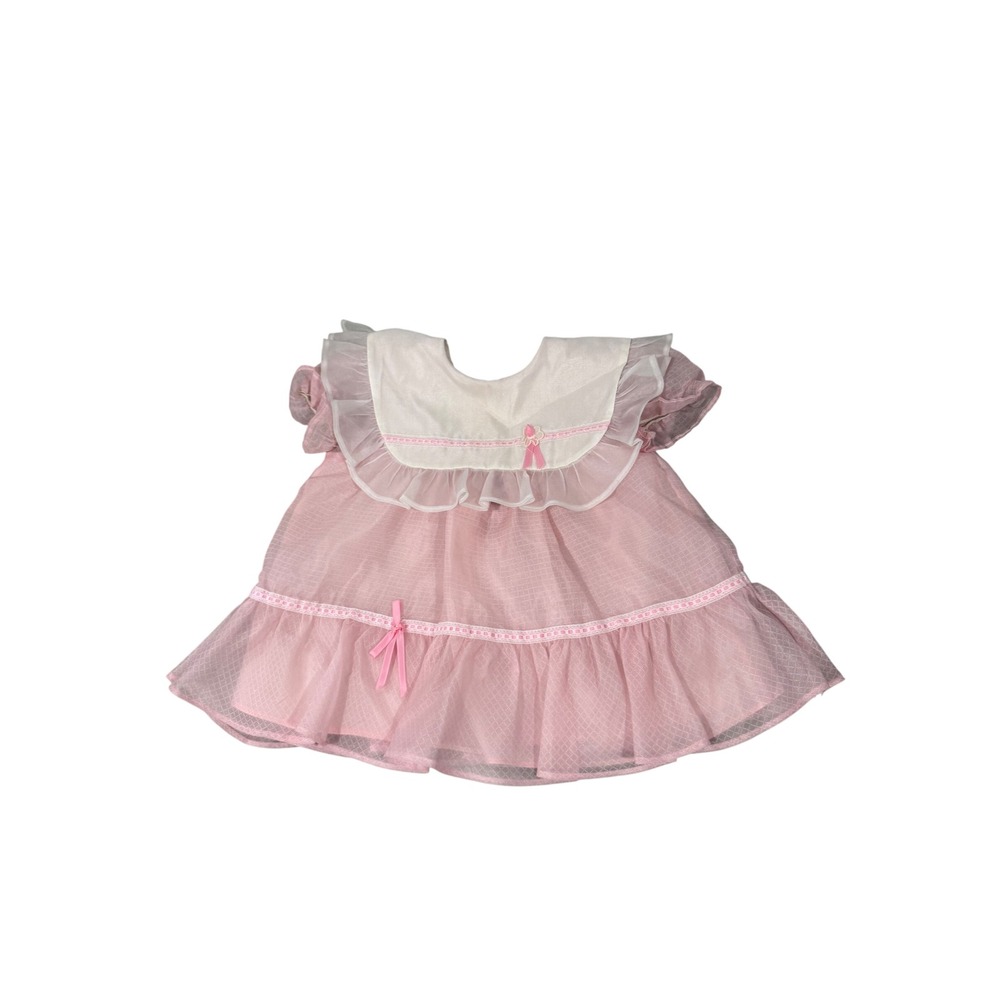 Vintage Pink Sheer Organza Ruffle Bib Baby Dress 24 Months Made in USA J1